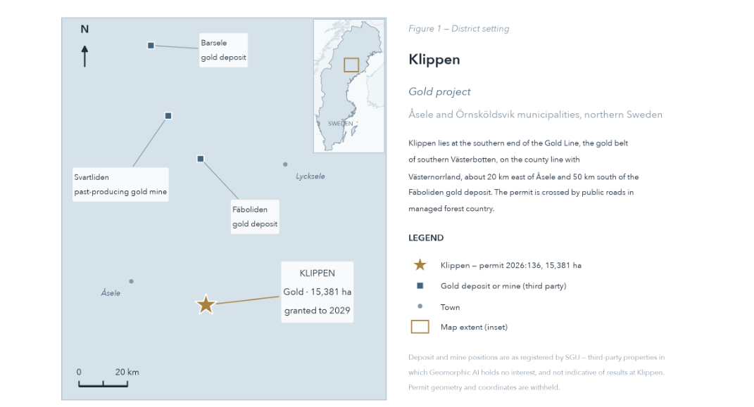 Figure 1. Klippen on Sweden's Gold Line, with third-party gold deposits (not indicative of results at Klippen).