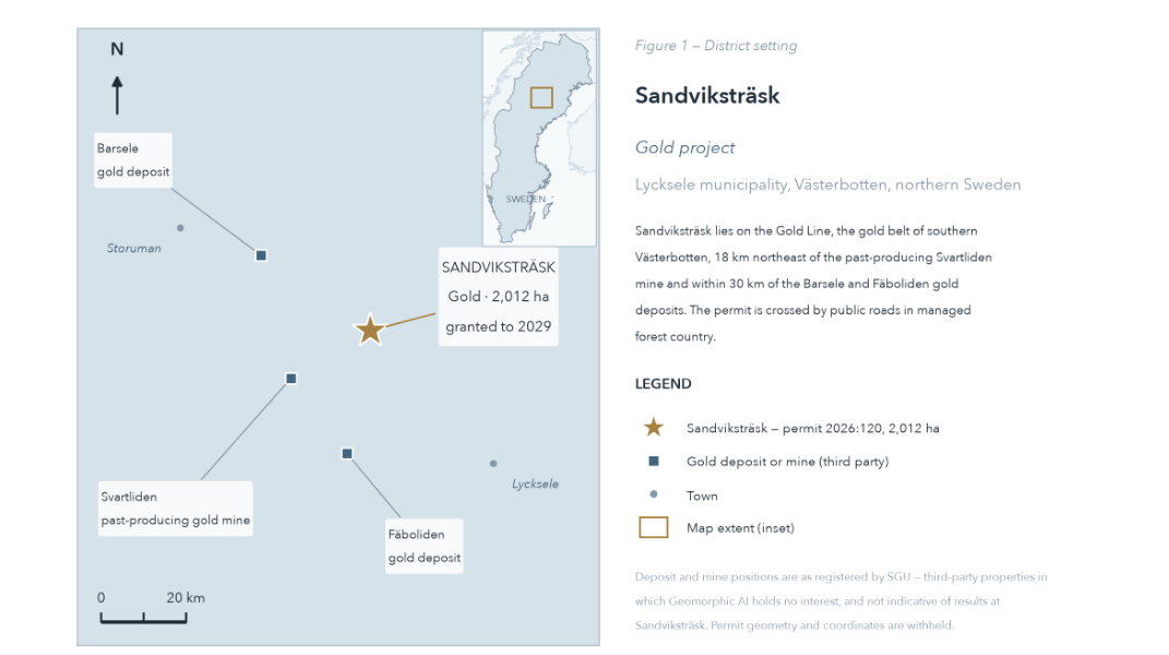 Figure 1. Sandviksträsk on Sweden's Gold Line, with the neighboring Svartliden, Fäboliden and Barsele gold deposits. Third-party deposit data; not indicative of any result at Sandviksträsk.
