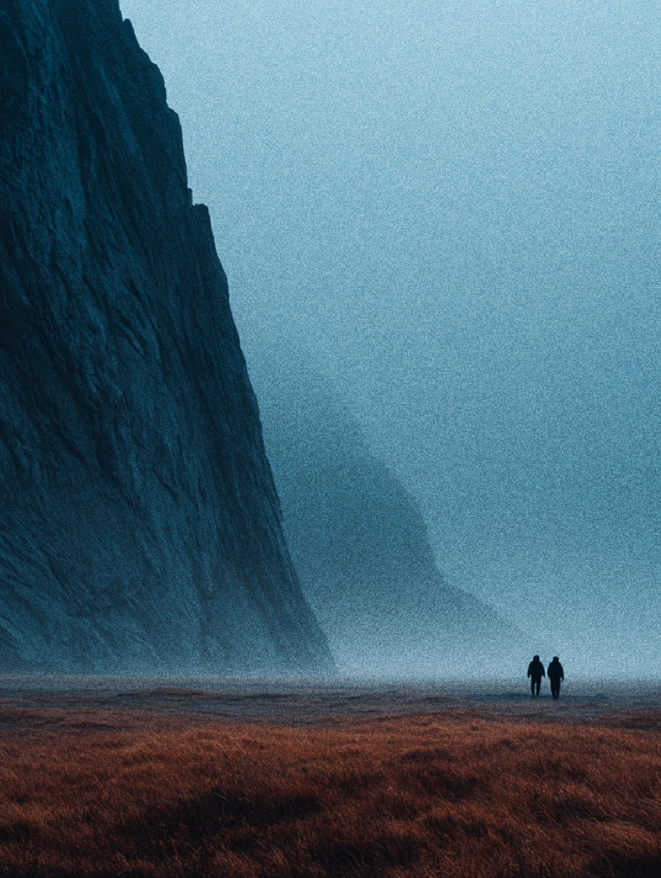 Two people walking beneath a steep mountain face
